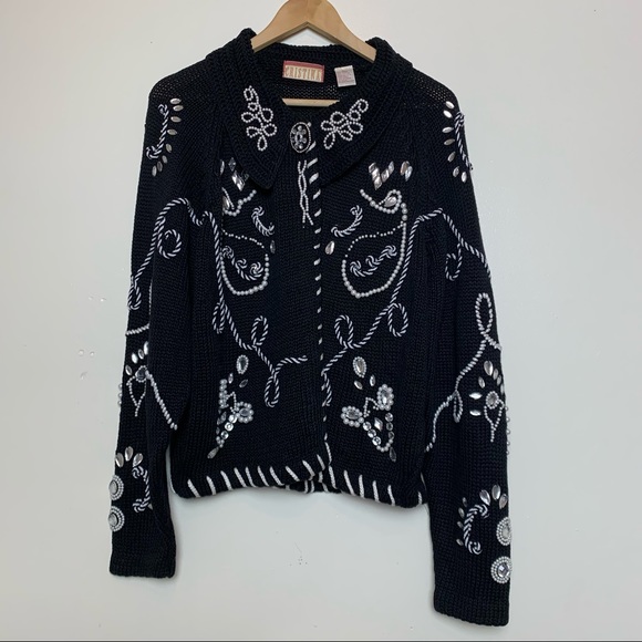 Vintage Black & White Pearl & Rhinestone Open Front Cardigan Women’s Size Large - Picture 2 of 9